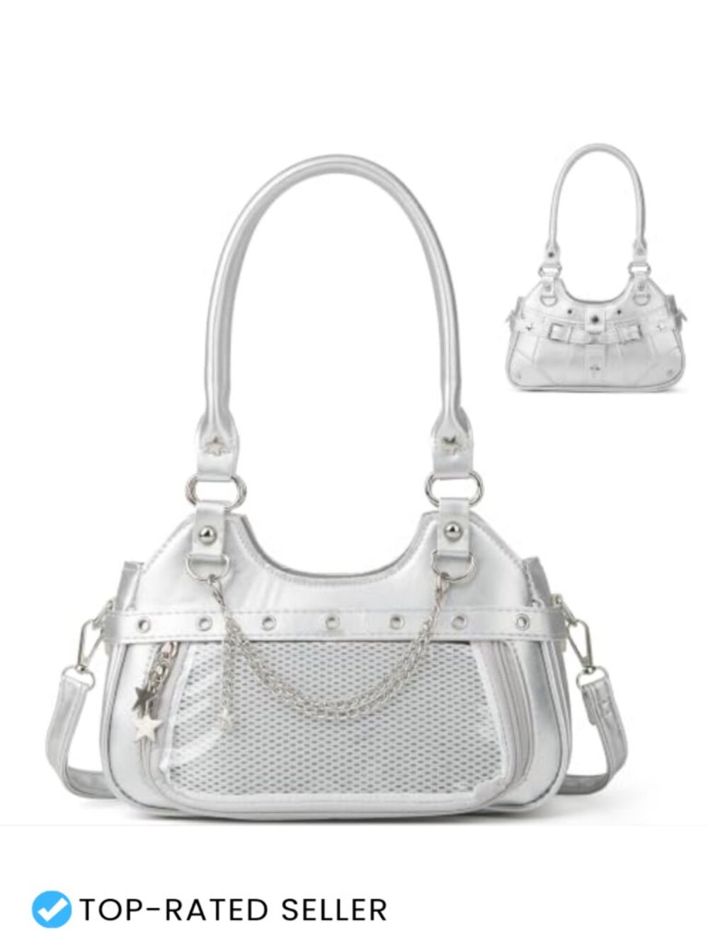 Ita Bag PU Leather Shoulder Bag Y2K Clear Panel Pin Display Satchel Tote